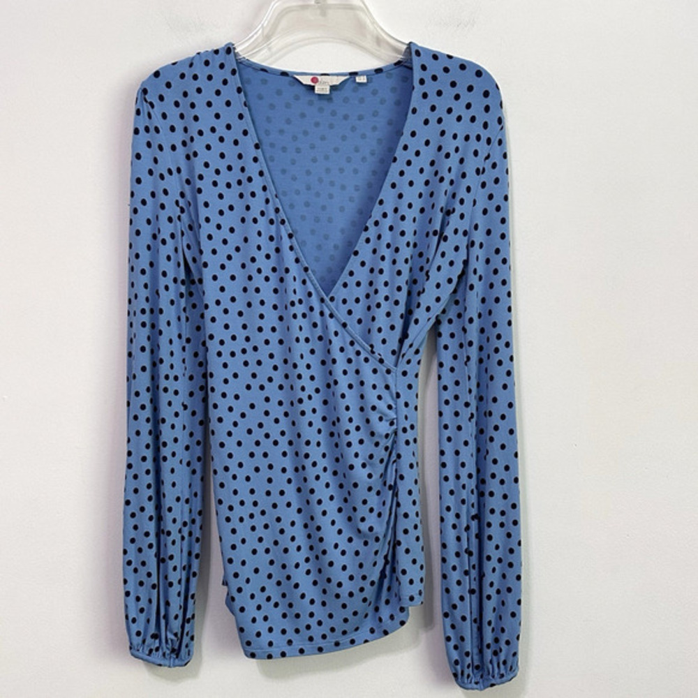 Boden Elodie Wrap Top 4 Blue Dot V Neck Long Sleeve Stretch‎ Fitted J0245 Shirt